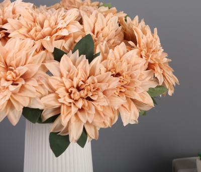 China Wedding 7 Heads Champagne Dark Handmade Flower Artificial Dahlia For Wedding Event Decoration for sale