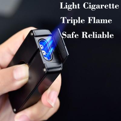 China Cigarette Accessories 2020 Jet Flame Butane Torch Cigarette Triple Cigar Lighter With Punch Cutter Tool for sale