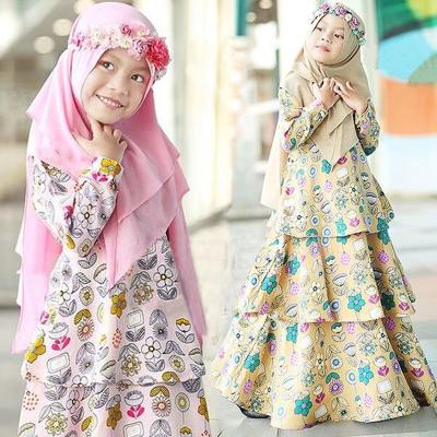 China 2022 Cute Rayon Cotton Gril Material Floral Print Muslim Skirt 2pcs Long With Hijab For Age 6-13 Years for sale