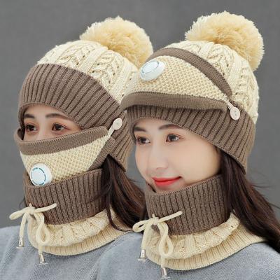 China breathable & Waterproof 2021 Colorful Women Winter Outdoor Warmful 3pcs Hand Knitting Yarn Crochet Flip Flop Hat Beanie Hat Face Cover For Gril for sale