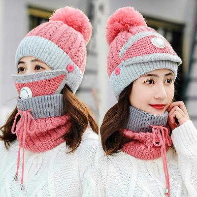 China breathable & Winter 2021 Waterproof 3pcs knit warm pom pom cap women hat girls ear fur ski hats acrylic mask scarf set with valve breathing SET for sale