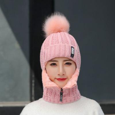 China breathable & B Women Waterproof Winter Knitted Hat With Zipper Fur Striped Beanie Hats For Gril Thick Warm Face Ear Neck Keep Warm Skull Balaclava Hat for sale