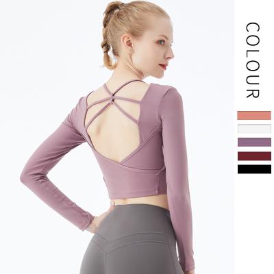 China Autumn And Winter Breathable Yoga Sleeve T-shirt Along With Cross Back Breast Pad Women Sports Top Running Fitness Lulu Crop Top for sale