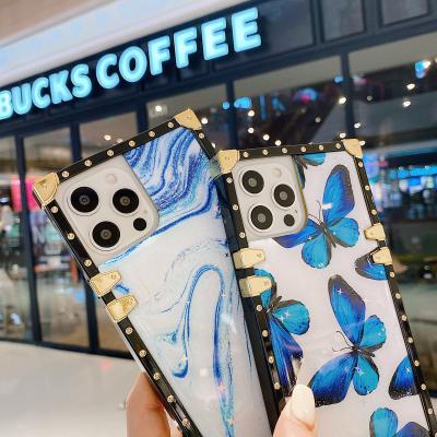 China Eco-Friendly Catwalk Square Trunk Cover For Apple 11 Apple 11 iPhone 12 Blue Butterfly Phone Cases Sea Epoxy Luxury Fashionable Marble TPU Shell for sale