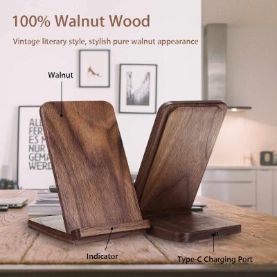 China Fast Charging Wooden Wireless Radio Charger Mobile Phone Stand 2 in 1 5W 7.5W 10W Walnut Wooden Radio Charger Stand for sale