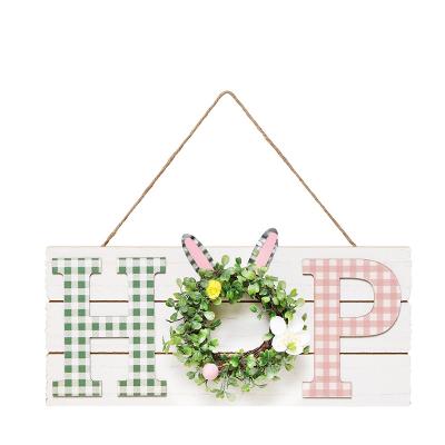 China Antique Dola Easter Bunny Artificial Eucalyptus Wreath Wooden Imitation Sign Rabbit Hanging Welcome Sign for Front Door Home Decoration for sale