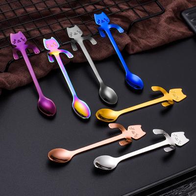 China Stainless Steel Viable Cutlery Cartoon Kitten Shape Hangable Coffee Spoon Reusable Creative Custom Dessert Spoon for sale