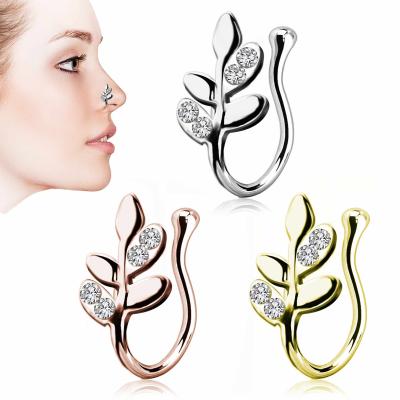 China FASHIONABLE Piercing Leaves Nose Ring Non-porous Diamond Nose Studs Nose Ring Anti-allergy The New Fake for sale