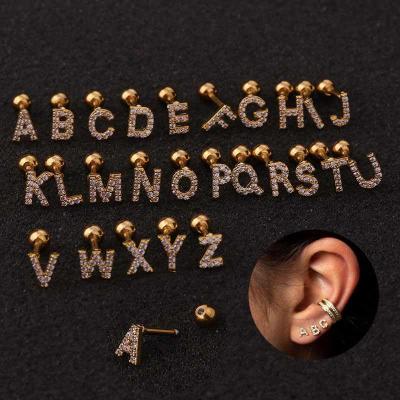 China New 26 Letter Zircon Stainless Steel Wire Ear Stud Earrings English Environmental Friendly Hot Selling Ear Piercing Jewelry for sale