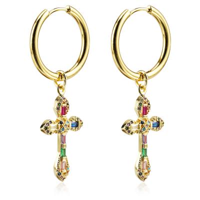 China FASHIONABLE ' Multi Colors Brilliant Cross Earring Aretes' Dangle Clip On Earrings With Colorful Zircon Rhinestone Diamonds for sale