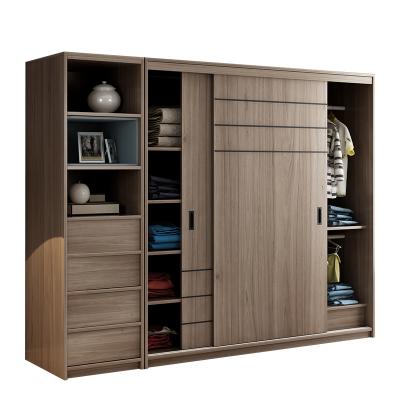 China Modern Nordic Convertible Wood Wardrobe Sliding Door Bedroom Two Sliding Door Assembly Walnut Color Multifunctional Wardrobe for sale