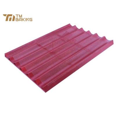 China Viable Commercial Aluminum Perforated French Bread Baking Pan Baguette Tray Red Color Baguette Baking Tray for sale