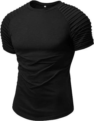 China Wholesale Crewneck Men's Anti Wrinkle Short Sleeve Muscle Workout T Shirt Pleated Slim Fit Raglan Gym T Shirts For Men for sale