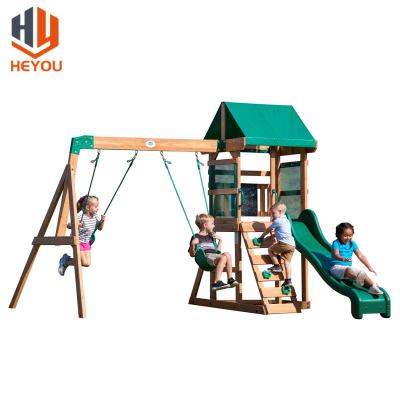 China Eco-Freindly Wooden Swing Set Outdoor Montessori Kindergarten Kids Playground Equipment Set Slide Swing Game for sale