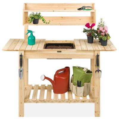 China Custom Outdoor Durable Plant Garden Flower Potting Bench Wooden Table With Shelf for sale