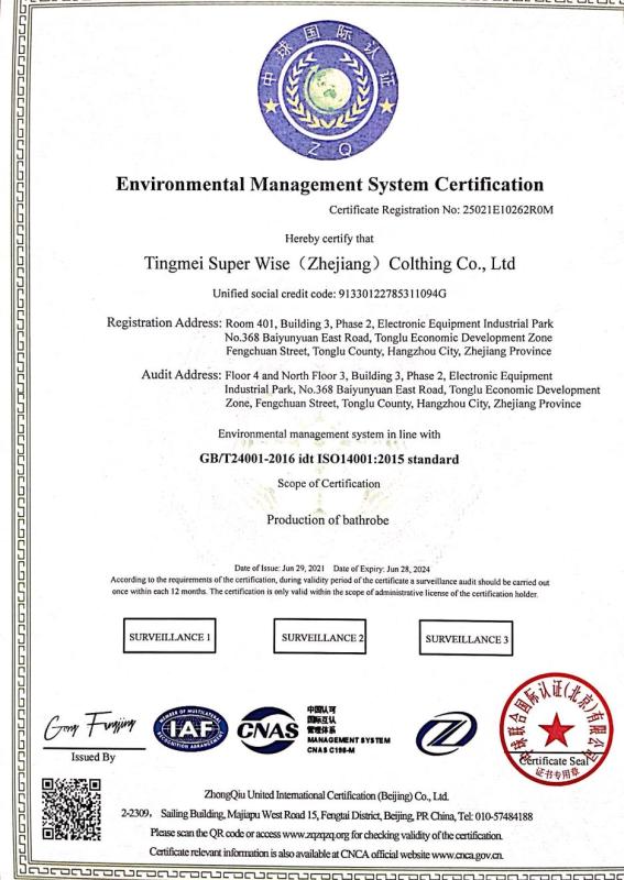 ISO14001 - Tingmei Super Wise (zhejiang) Clothing Co.,ltd.