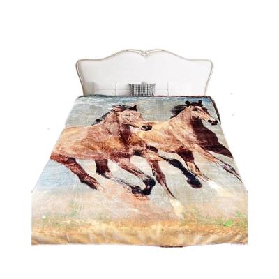 China Super Soft Cloud Horse Design Double Folded Reschel Polyester Fleece Animal Print Blanket for sale