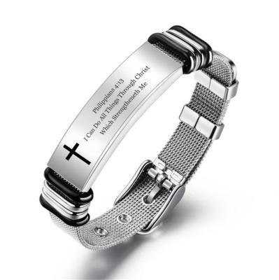 China New Arrival 2020 Religious Stainless Steel Christian Engraving Bible Cross Chain Bracelet With Mesh For Man for sale