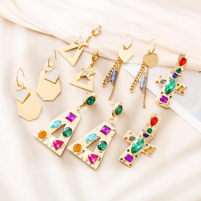 China TRENDY Hengyu Original Trendy Multi Layer Long Chain Earrings Vintage Gold Plated Stainless Steel Colorful CZ Rhinestones Earrings for sale