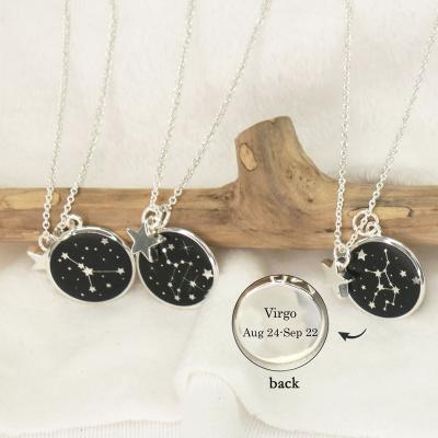 China CLASSIC Silver Plated Zodiac Coin Necklace Constellations Star Charms Black Round Disc Astrology Sign Necklace for sale