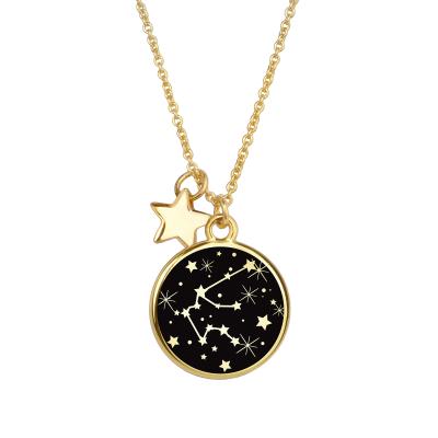 China CLASSIC Zodiac Coin Necklace Gold Plated Constellations Star Charms Black Round Disc Zodiac Sign Astrology Necklace for sale