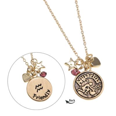 China CLASSIC Zodiac Necklace Retro Constellations Sign Disc Astrology Necklace Gemstone Heart Star Charms Expandable Round Necklace for sale