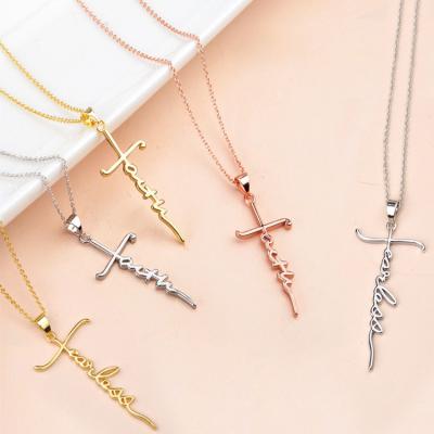 China CLASSIC Customize Letters Signature Necklace Faith Cross Engraved Bar Necklace for sale