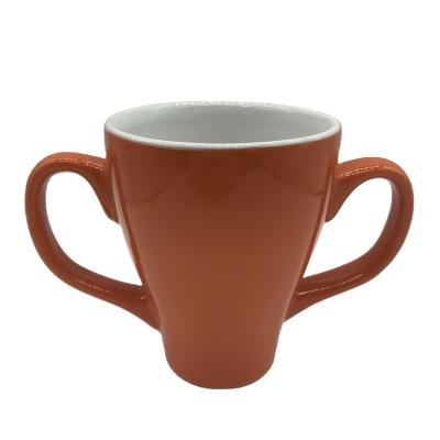 China Sustainable Wholesale Glazed Customizable Ceramic Coffee Mug Cup Heater 11oz With Double Handle for sale