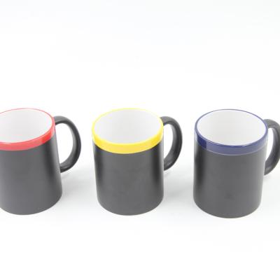 China Viable Ceramic Mug 11oz Matt Frosted Chalk Ceramic Warm Black Coffee Mug With Color Rim for sale