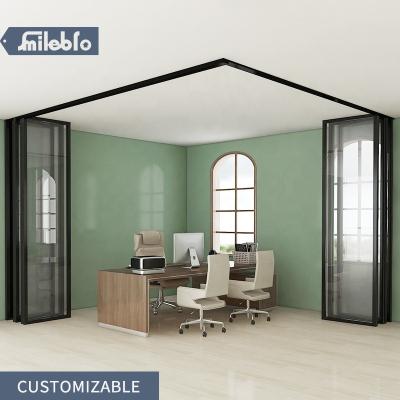 China Custom Aluminum Waterproof Smile Bro Glass Partition Doors for Office, L Shaped Patio Corner Sliding Folding Doors, Gray Color Folding Door for sale