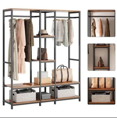 China Durable Customized Metal and Wood Wardrobe with Rod Clothing Racks for Hanging Clothes Rack With Shelves Clothing Rack for Boutique for sale