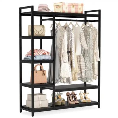 China Durable Heavy Duty Black Metal Frame Clothes Closet Organizer Portable Garment Clothes Rack Boutique With Shelves and Storage Hanging for sale