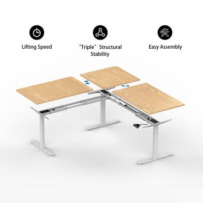 China Adjustable (height) Professional Electric Height Adjustable Office Mechanism Sit Standing Desk Three Legs With Dual Motor for sale