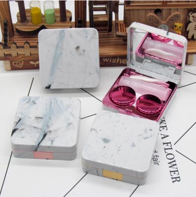 China Fashion Mirror Easy Carrying Square Lens Packaging Cute Marble Stripe Contact Lens Case for sale