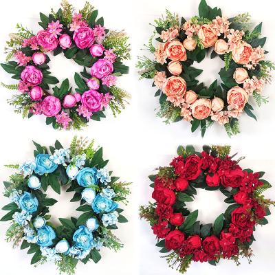 China YIWAN Artificial Flower Plastic Garlands For Front Door Decoration Handmade Silk Peony Flower Braids Wall Hanging Decor Garland for sale