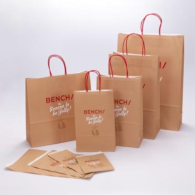 China Disposable Restaurant Food Custom Delivery Take Out Packaging Bag Design Your Own Logo Catering Flat Handle Carry Out Brown Kraft Paper Bag for sale