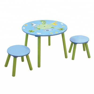 China MDF Wooden Board Kids Round Table And Two Stools Set Animal Model With Storage Bag for sale