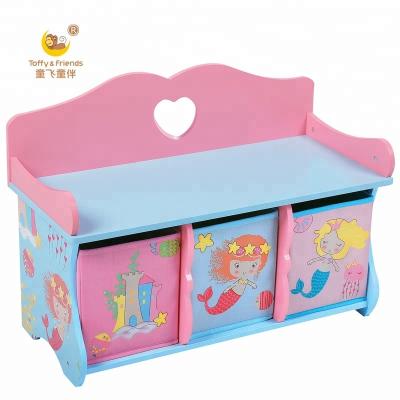 China Caramel Viable Kids and Friends BSCI Wooden Storage Bench with Fabric Cubes in Mermaid Design for sale