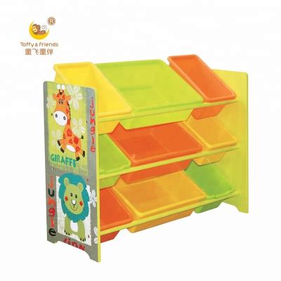 China PANEL Caramel and Wooden Friends Kids Toys Storage Organizer with Plastic Trash Cans Buckets for sale