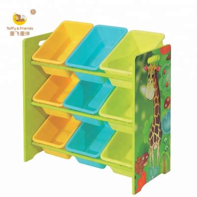 China Child's Toy Organizer Toy Storage Shelf Witn 9pcs Viable Wooden Plastic Trash Bins for sale