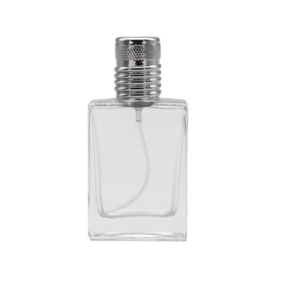 China Personal Care 30ml 33ml Clear Square Rectangle Shape Screw Neck Glass Empty Perfume Bottle With Metal Mist Sprayer Cap for sale