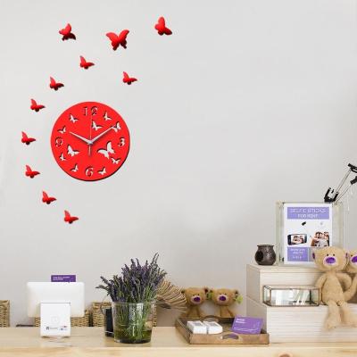 China Luxury Round 3D DIY Design Style Antique Butterfly Acrylic Quartz Sticker Silent Wall Clock for sale