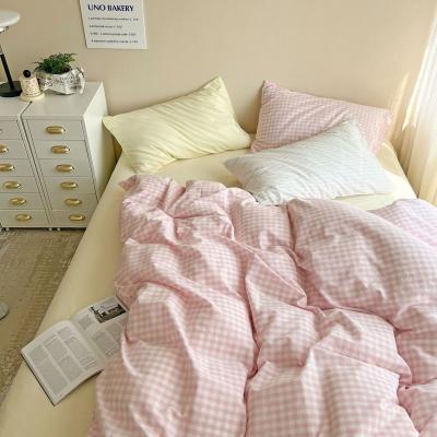 China Nondisposable All Weather Korean Style Custom Pink Color Plaid 100 Egyptian Cotton Hotel Bedding Sets for sale