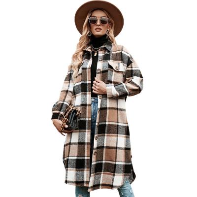 China Breathable Women's Plus Size Button Down Single Breasted Trench Coat Long Sleeve Plaid Coat Shirt Long Sleeve Overcoat Windproof for sale