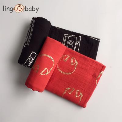 China Waterproof 100% Organic Cotton Red / Black Metallic Gold Pattern Baby Muslin Wrap Blanket for sale