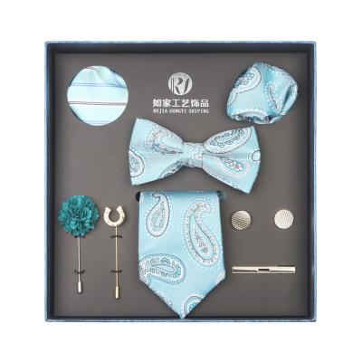 China 100% Hot Selling Custom Made Blue Tie Bow Tie Brooch Silk Cufflink Set With Gift Box 145*7.5cm (57*2.9”) for sale