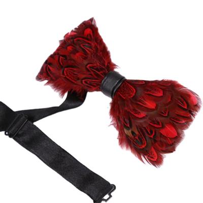 China New fashion handmade natural men's feather red bow tie leather for wedding or party for sale