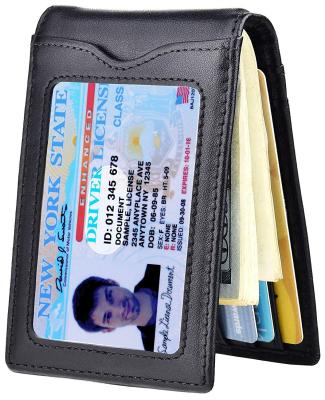 China SP366 Minimalist Slim Bifold Wallet Anti Theft RFID Blocking Genuine Leather With Front Window Money Clip Card Holder for sale