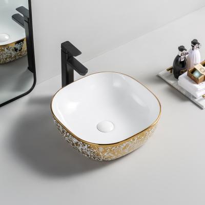 China Modern Popular High Quality Hotel Vila Gold Table Top Lavabo Step Down Rectangular Bathroom Sink Hand Basin for sale