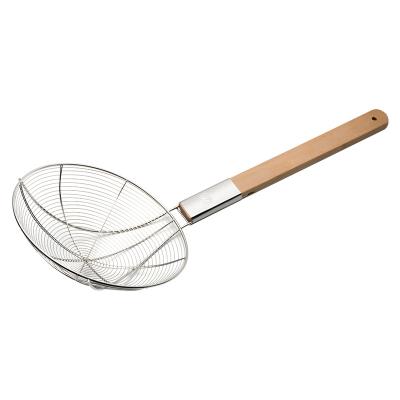 China Stainless Steel Sustainable Soup Mesh Strainer Colander With Long Handle Wooden Oil Filter Strainer for sale